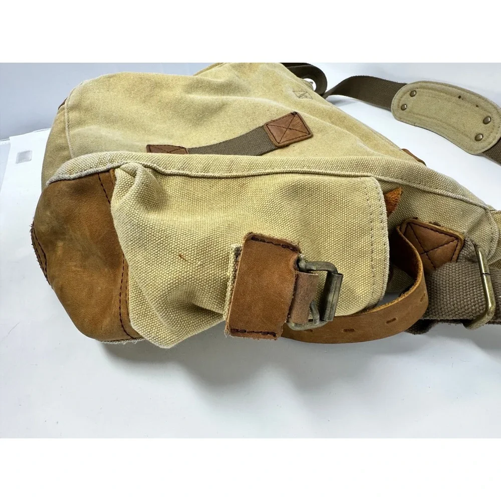 Sechunk Vintage Canvas Messenger Bag Leather Trim Khaki Satchel Laptop Bag Stain